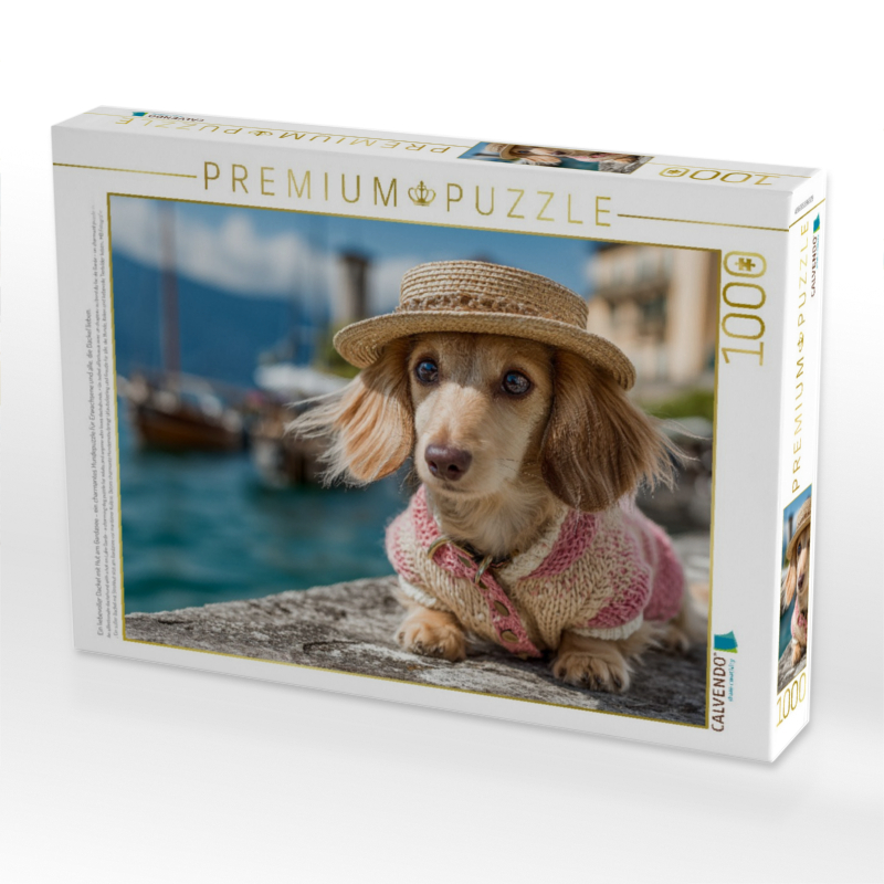 Ein liebevoller Dackel mit Hut am Gardasee - ein charmantes Hundepuzzle für Erwachsene und alle, die Dackel lieben.