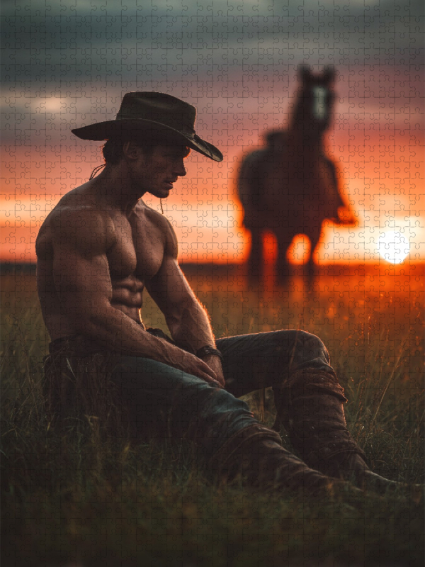 Sexy Cowboy mit Sixpack im Sonnenuntergang - erotisches Bild mit Pferd