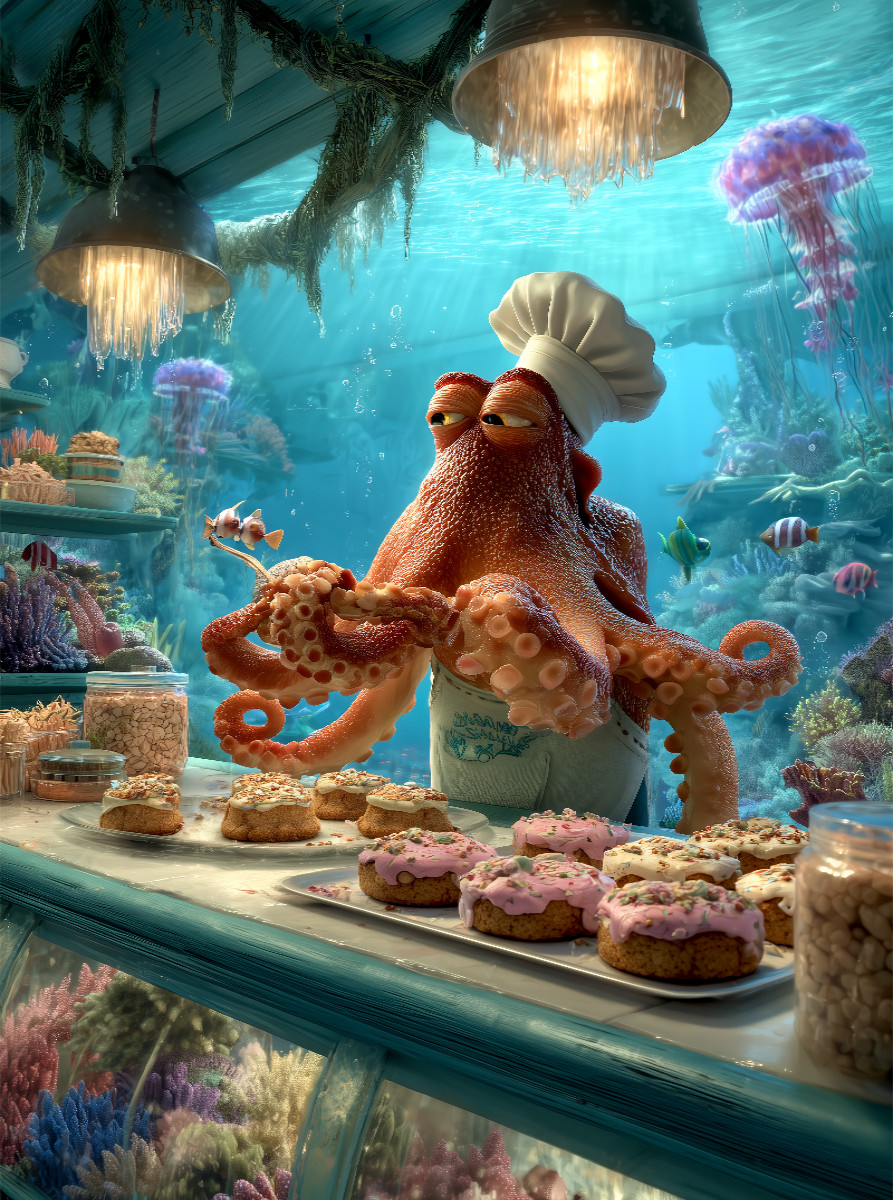 Lustiger Oktopus als Bäcker unter Wasser