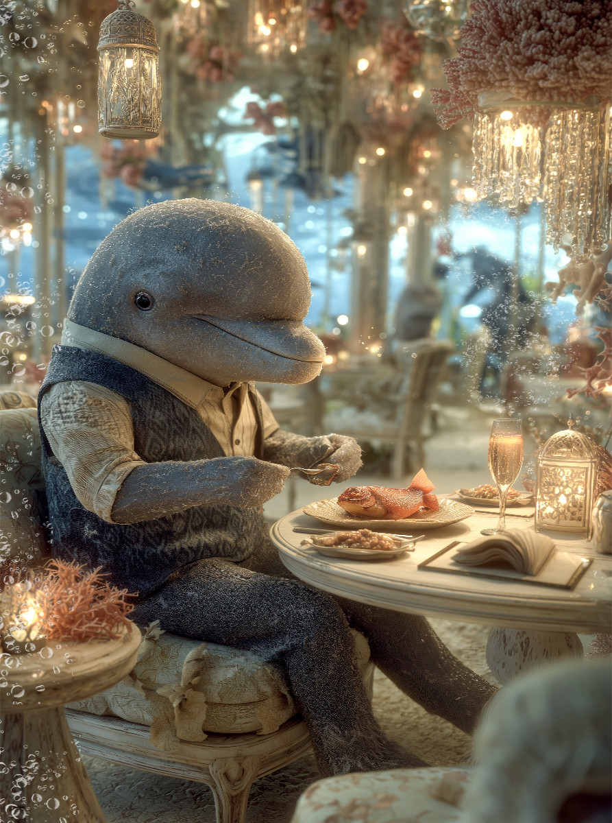 Eleganter Delfin beim Dinner unter Wasser