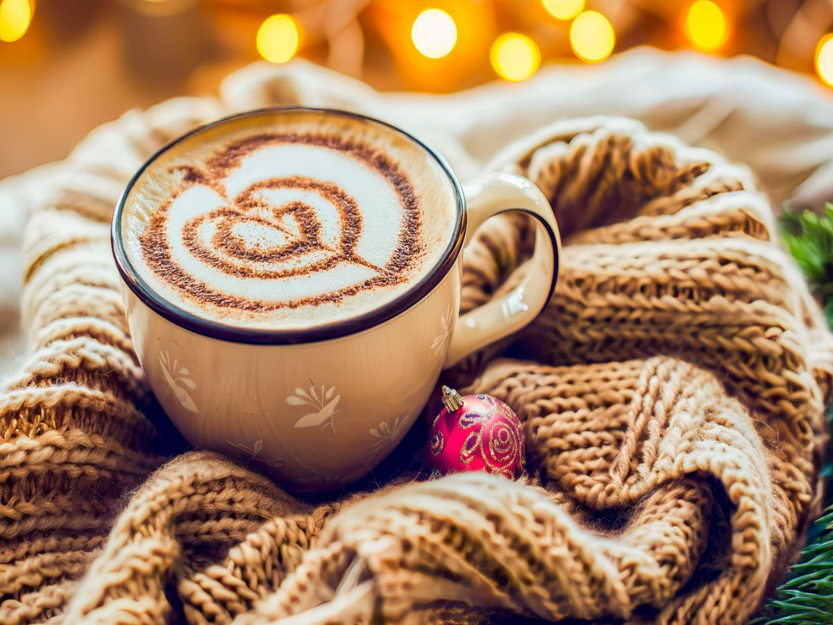 Cappuccino mit Weihnachtskugel und Decke