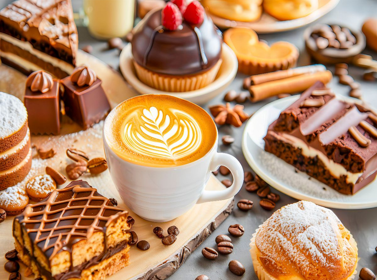 Cappuccino mit Kuchen und Schokoladengebäck