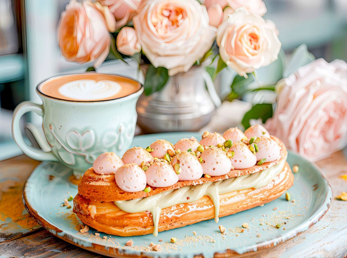 Cappuccino mit Éclair und Rosen