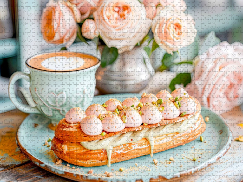 Cappuccino mit Éclair und Rosen