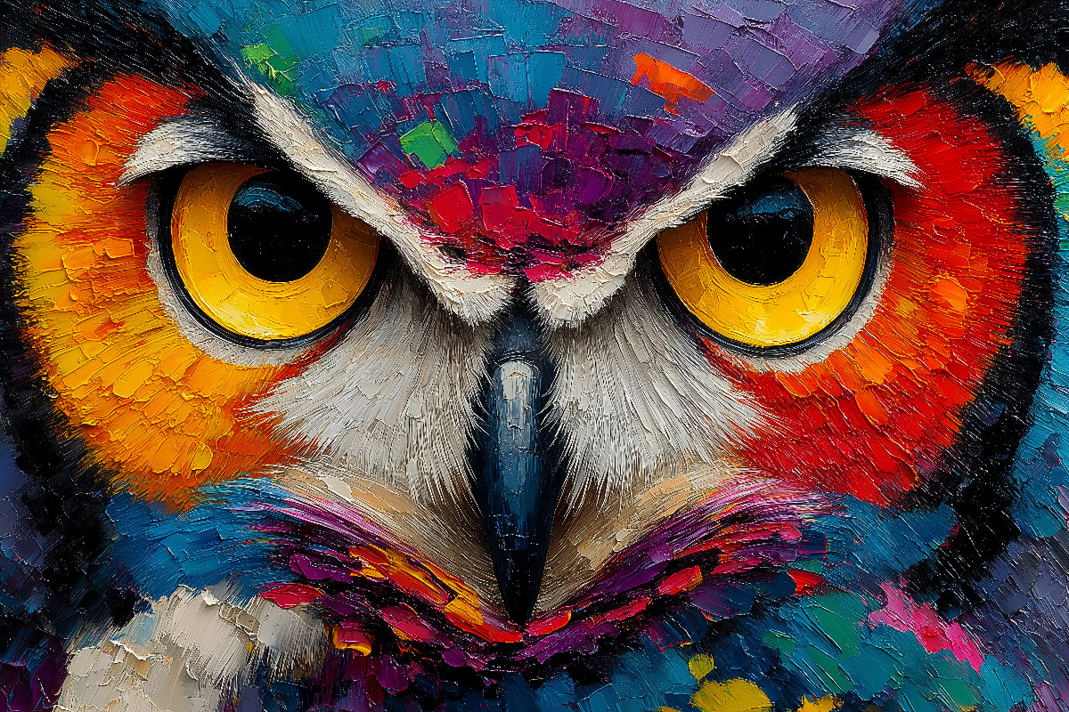 Bunte Aquarell Eule mit intensivem Blick