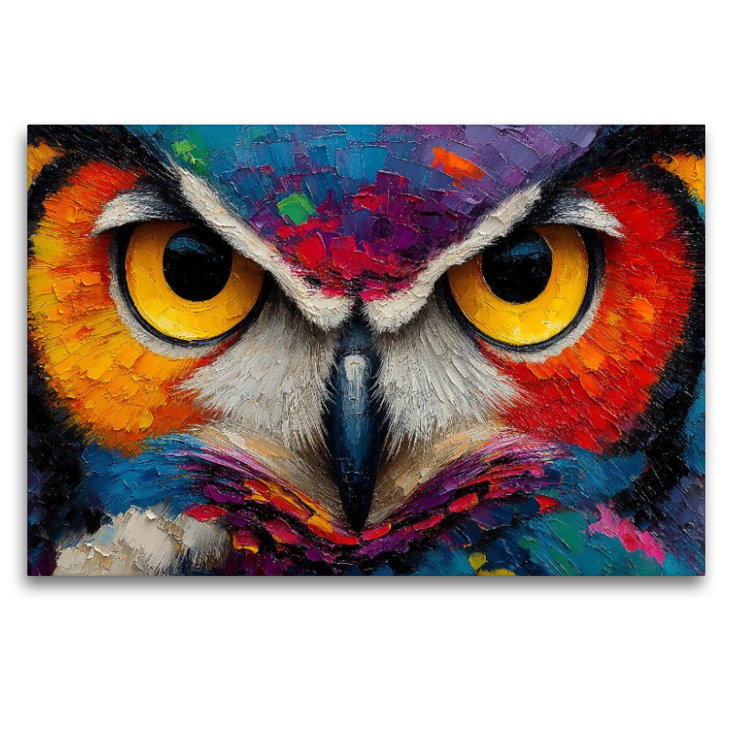 Bunte Aquarell Eule mit intensivem Blick