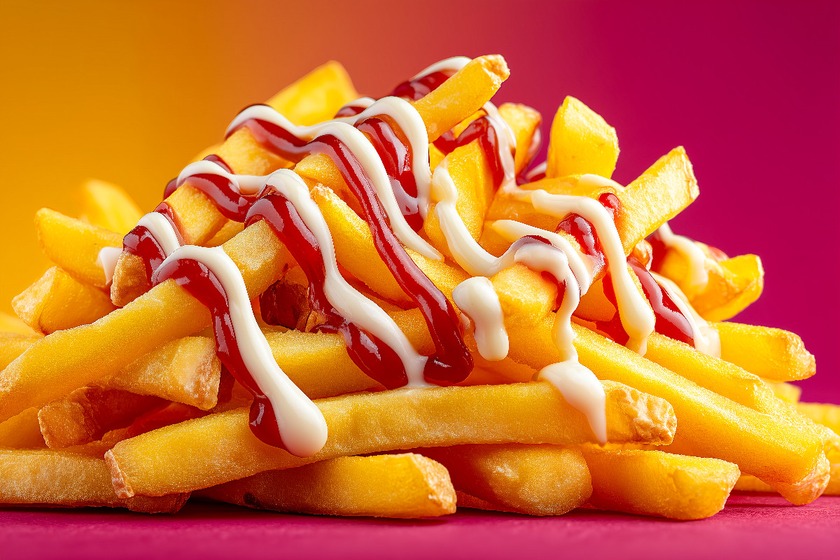 Pommes rot-weiß mit Ketchup und Mayo