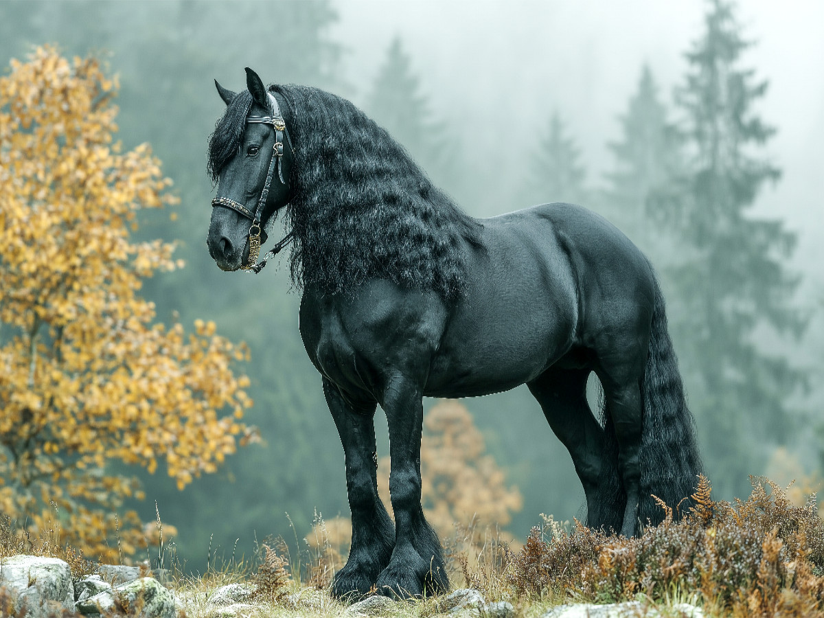 Majestätisches Friesenpferd im Herbstwald