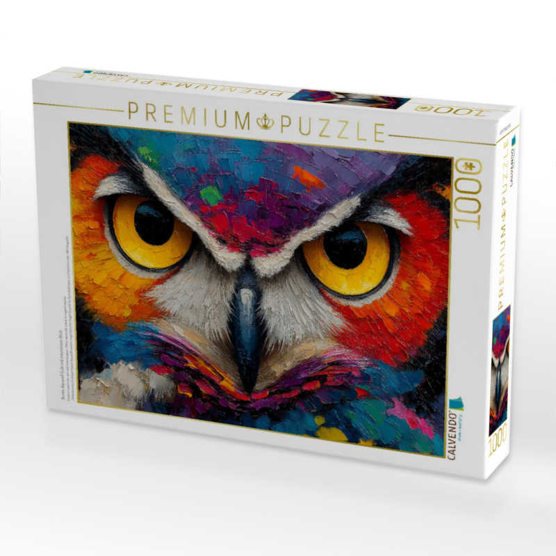 Bunte Aquarell Eule mit intensivem Blick