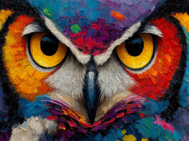 Bunte Aquarell Eule mit intensivem Blick