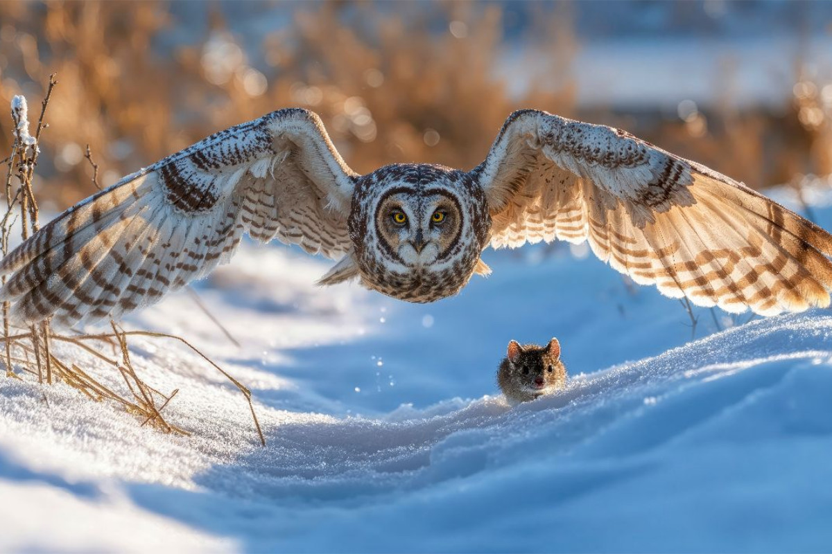Eine Sumpfohreule gleitet durch den Winter