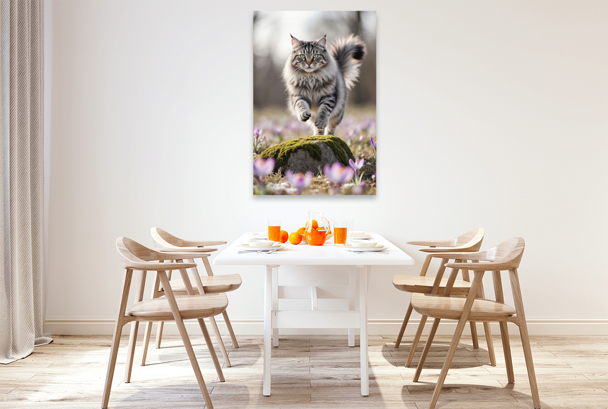 Eine Maine Coon Katze springt über einen Felsen und bewegt sich voller Energie durch die Frühlingsblumen