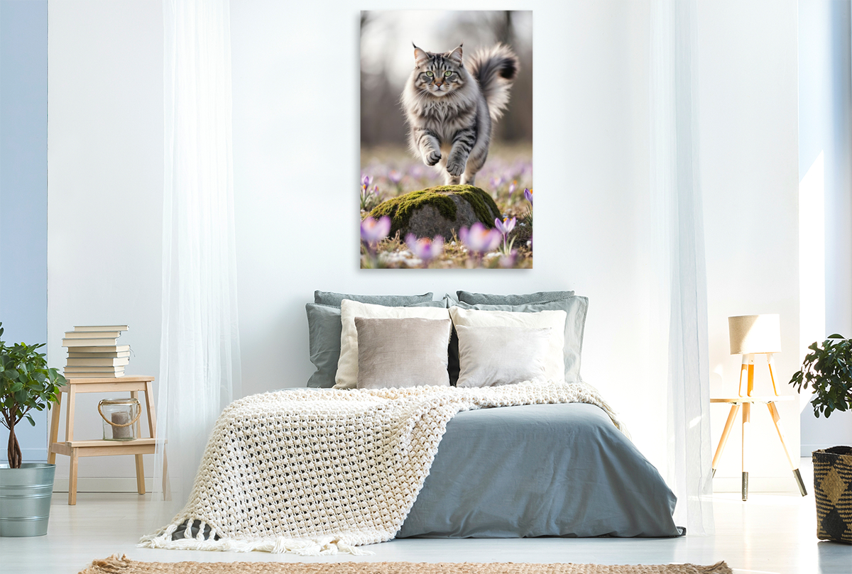 Eine Maine Coon Katze springt über einen Felsen und bewegt sich voller Energie durch die Frühlingsblumen