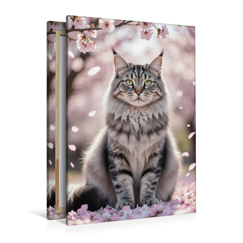 Eine Maine Coon Katze sitzt unter blühenden Kirschblüten und zeigt ihre ganze Schönheit.