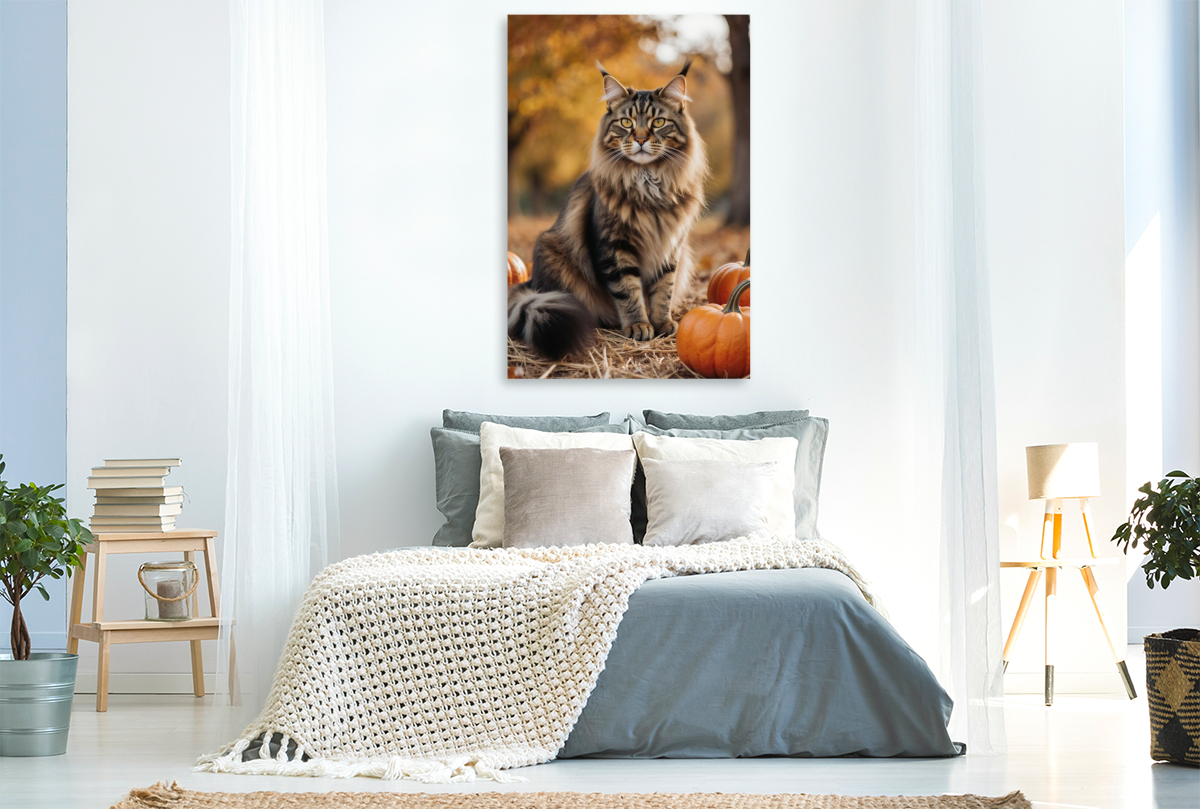 Eine Maine Coon Katze sitzt im Herbst zwischen Kürbissen und zeigt ihre elegante Ausstrahlung.