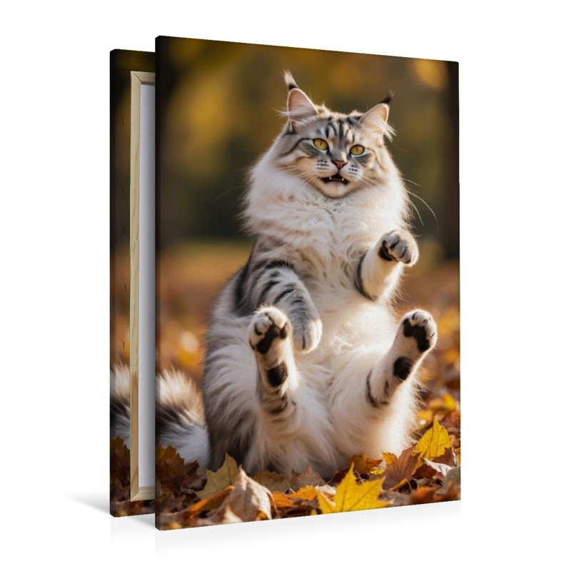 Eine Maine Coon Katze spielt im Herbstlaub und zeigt ihre verspielte Seite voller Lebensfreude