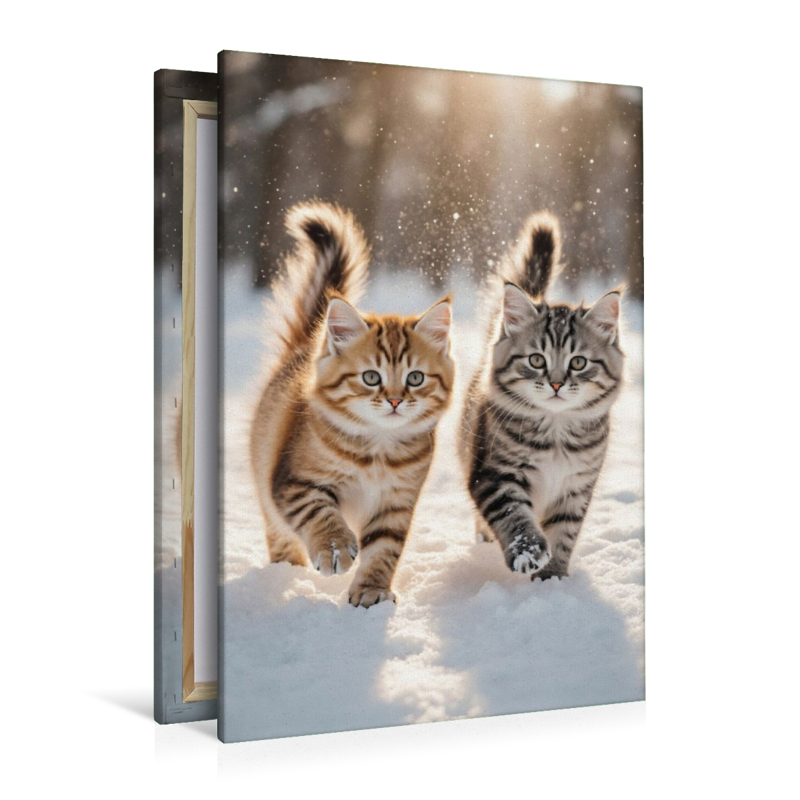 Zwei Maine Coon Katzenbabys toben im Schnee und verzaubern mit ihrem neugierigen Blick.