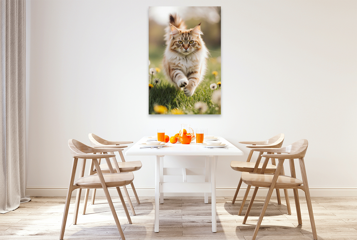 Die Maine Coon Katze läuft voller Energie durch eine blühende Frühlingswiese.