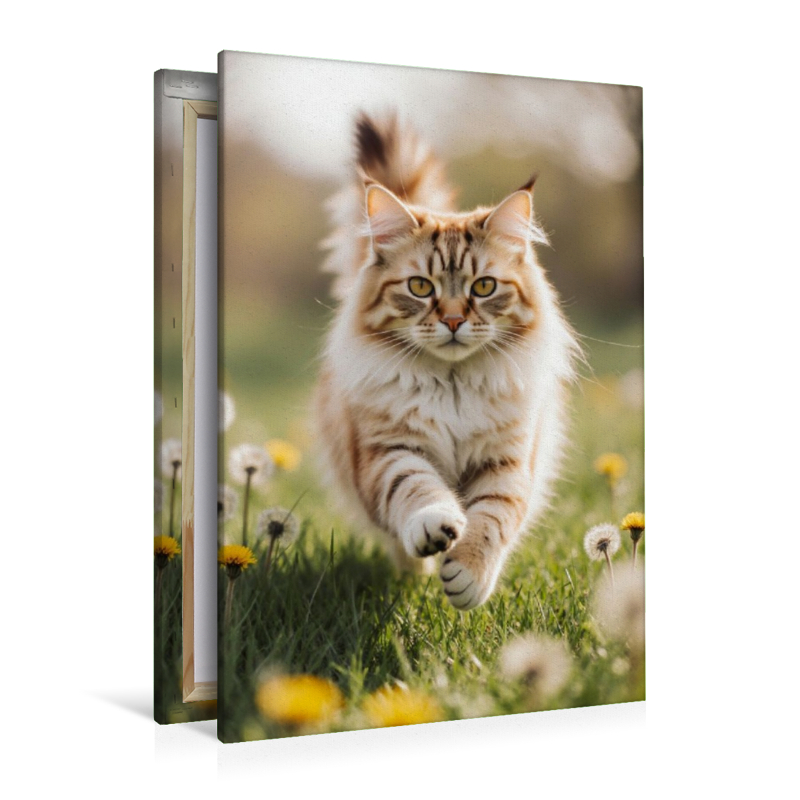 Die Maine Coon Katze läuft voller Energie durch eine blühende Frühlingswiese.