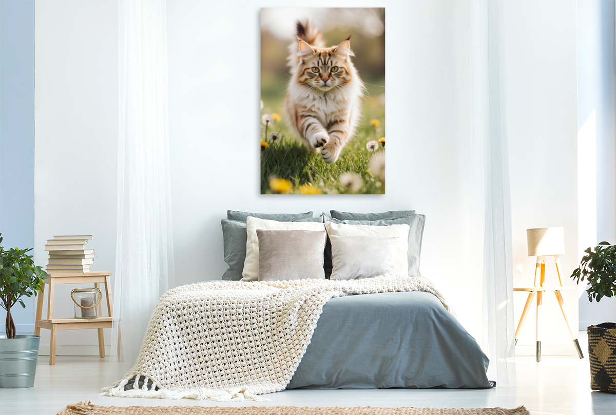 Die Maine Coon Katze läuft voller Energie durch eine blühende Frühlingswiese.