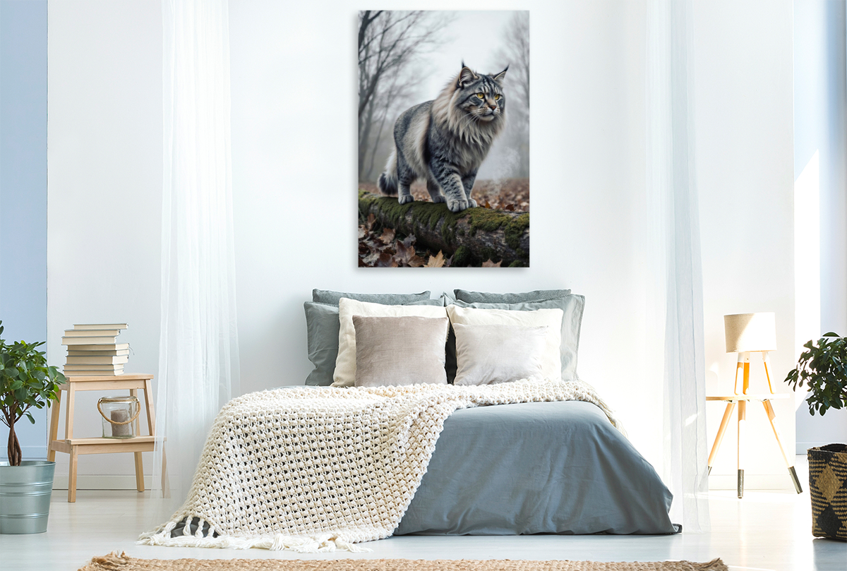 Die Maine Coon Katze schreitet durch den herbstlichen Wald und zeigt ihre kraftvolle Präsenz.