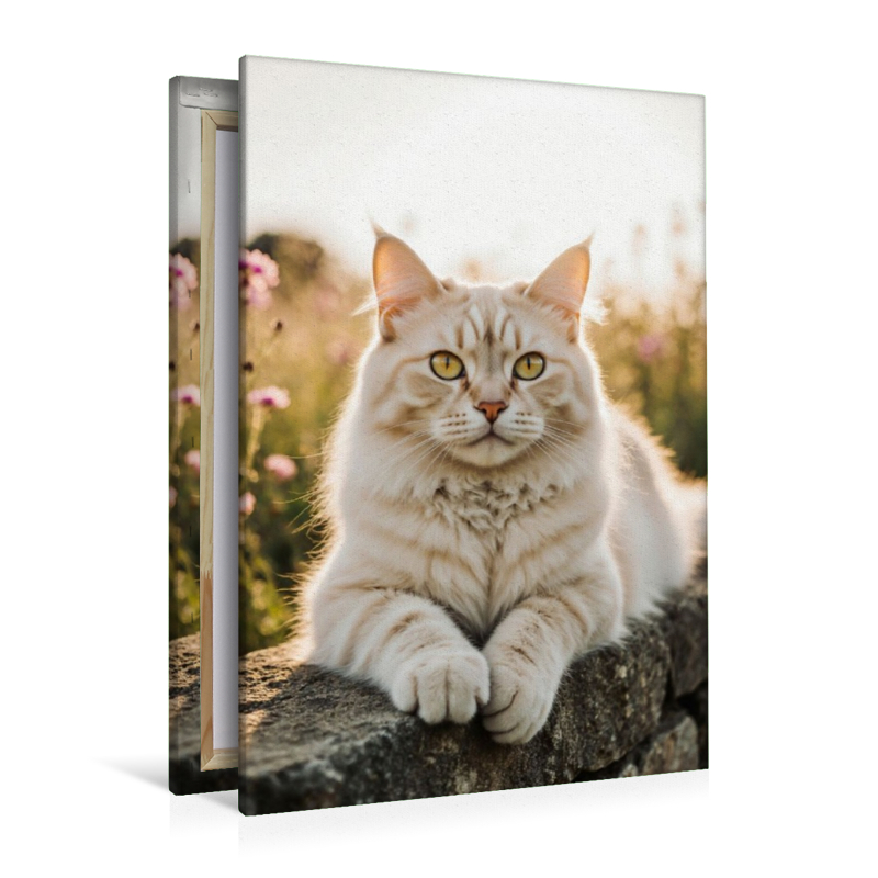 Die Maine Coon Katze liegt entspannt auf einer Mauer und genießt das warme Sonnenlicht.