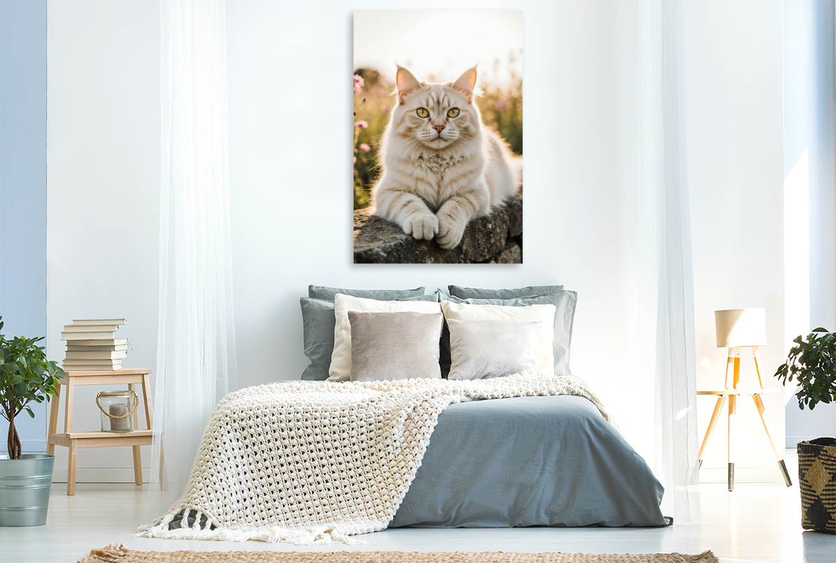 Die Maine Coon Katze liegt entspannt auf einer Mauer und genießt das warme Sonnenlicht.