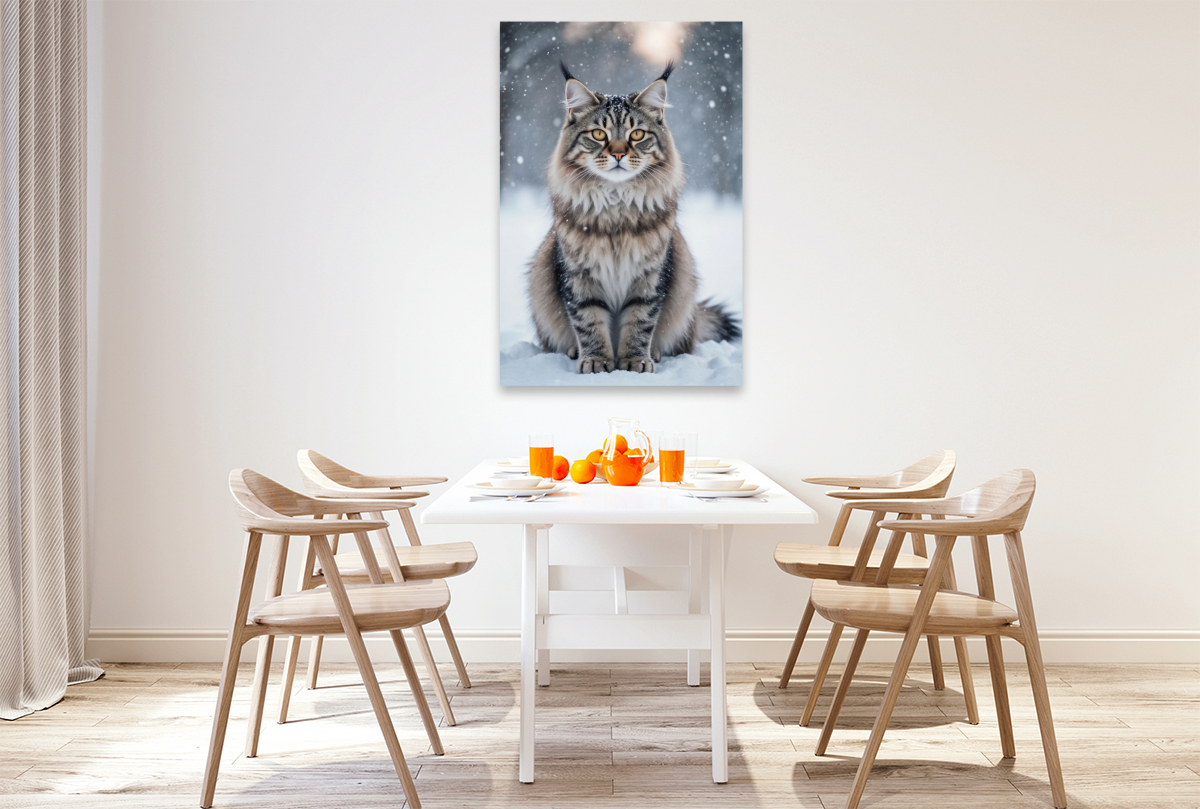 Die Maine Coon Katze sitzt im Schnee und zeigt ihre faszinierende Anmut im winterlichen Licht.