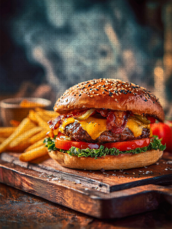 Burger, saftig, käsig & mit knusprigen Pommes