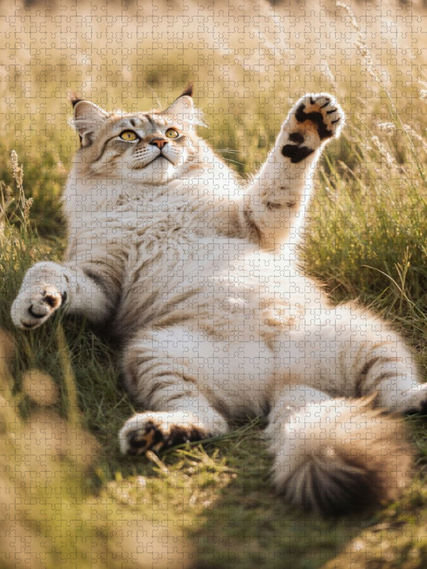 Eine Maine Coon Katze liegt entspannt im hohen Gras und streckt spielerisch ihre Pfote aus.