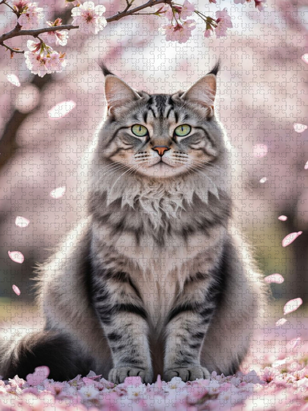 Eine Maine Coon Katze sitzt unter blühenden Kirschblüten und zeigt ihre ganze Schönheit.