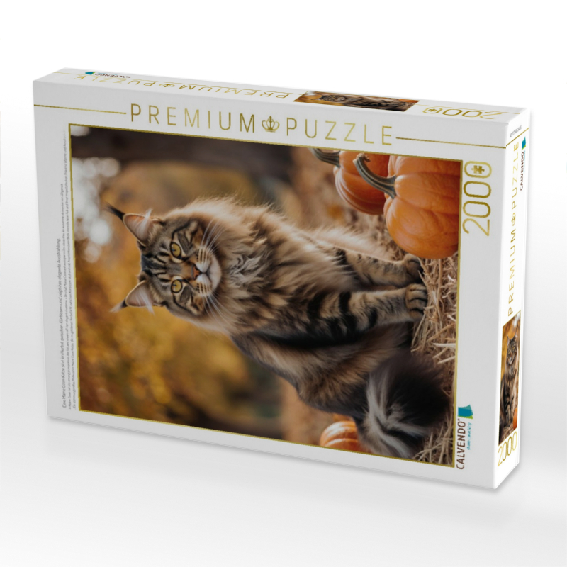 Eine Maine Coon Katze sitzt im Herbst zwischen Kürbissen und zeigt ihre elegante Ausstrahlung.