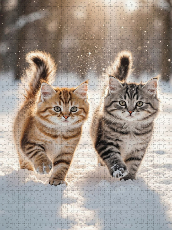 Zwei Maine Coon Katzenbabys toben im Schnee und verzaubern mit ihrem neugierigen Blick.