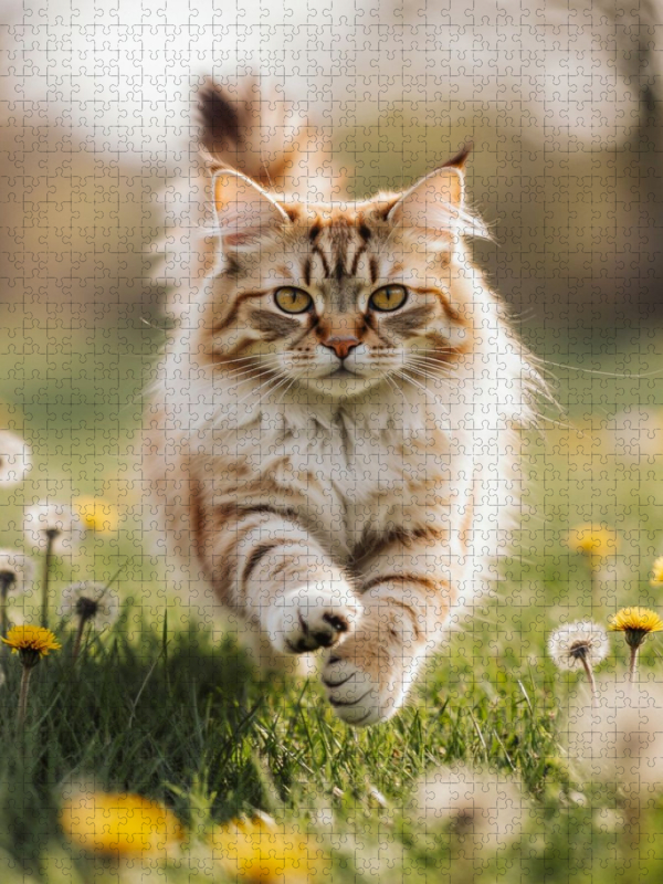 Die Maine Coon Katze läuft voller Energie durch eine blühende Frühlingswiese.