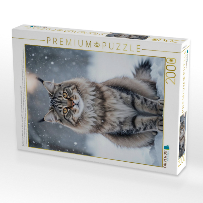 Die Maine Coon Katze sitzt im Schnee und zeigt ihre faszinierende Anmut im winterlichen Licht.