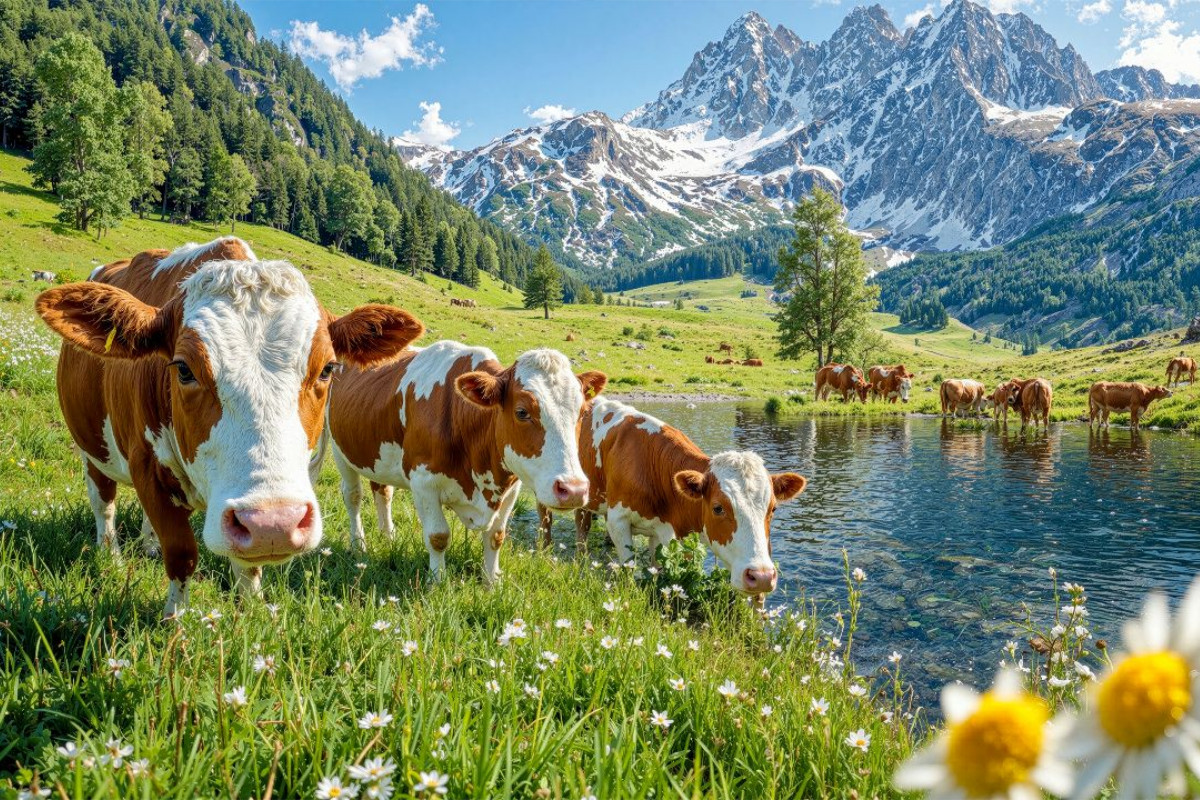 Drei Kühe grasen friedlich auf der Alm – Idylle zwischen Bachlauf und Bergluft