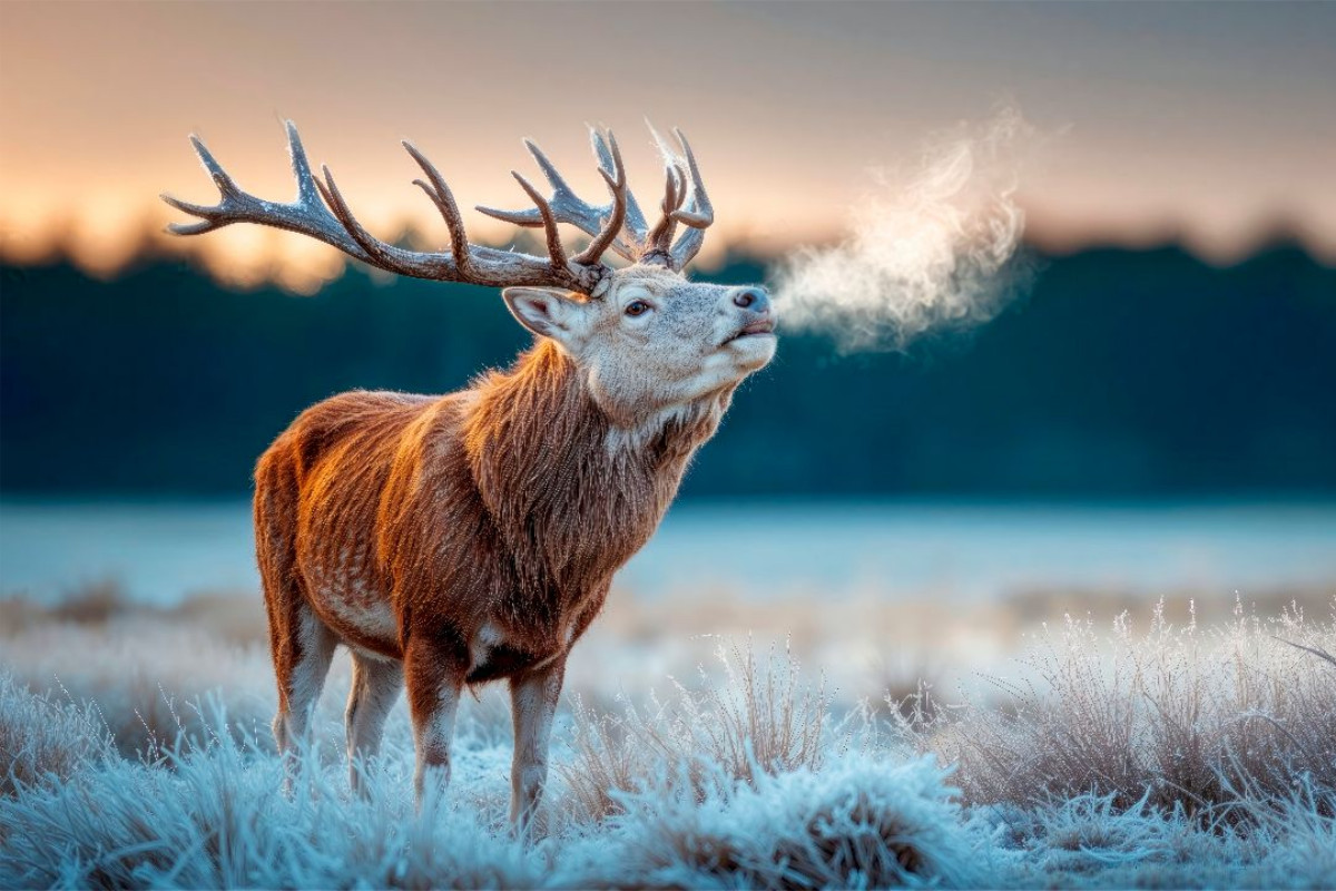 Ein röhrender Hirsch im frostigen Morgengrauen – Naturgewalt in stiller Kulisse