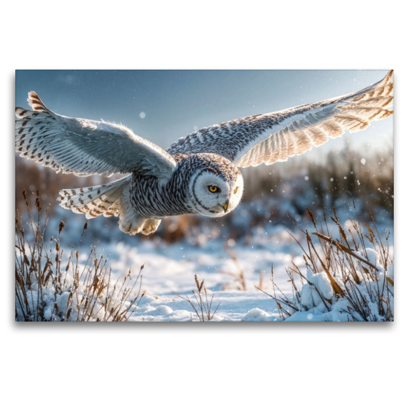 Majestätisch gleitet die Schneeeule über die weiße Winterwiese – lautlos und kraftvoll
