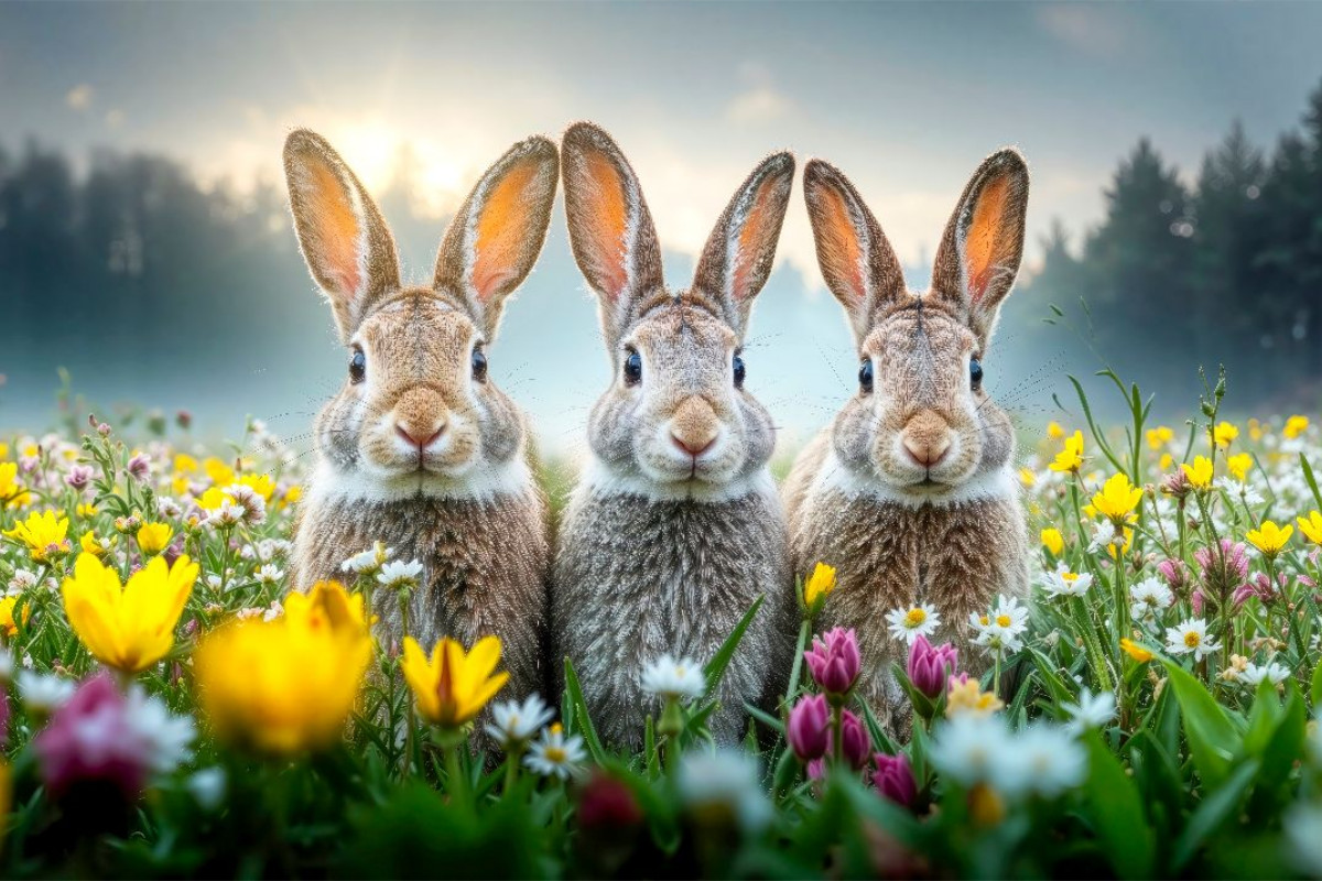 Drei Hasen genießen die ersten warmen Sonnenstrahlen auf einer bunten Blumenwiese