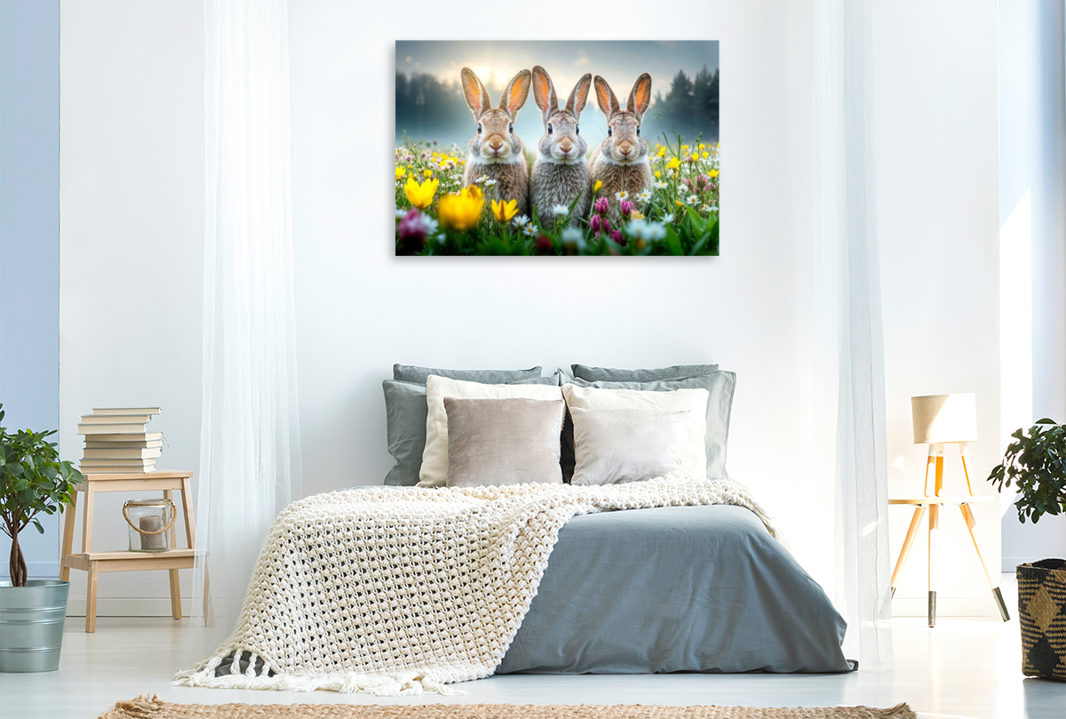 Drei Hasen genießen die ersten warmen Sonnenstrahlen auf einer bunten Blumenwiese