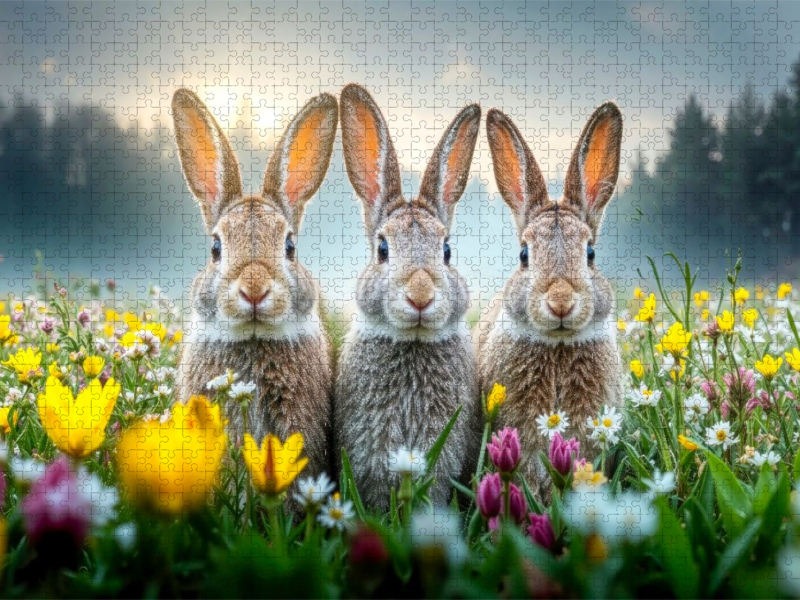 Drei Hasen genießen die ersten warmen Sonnenstrahlen auf einer bunten Blumenwiese