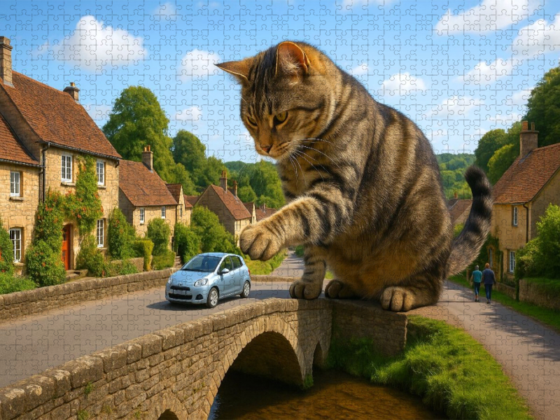 Riesige Katze spielt mit einem Auto auf der Brücke