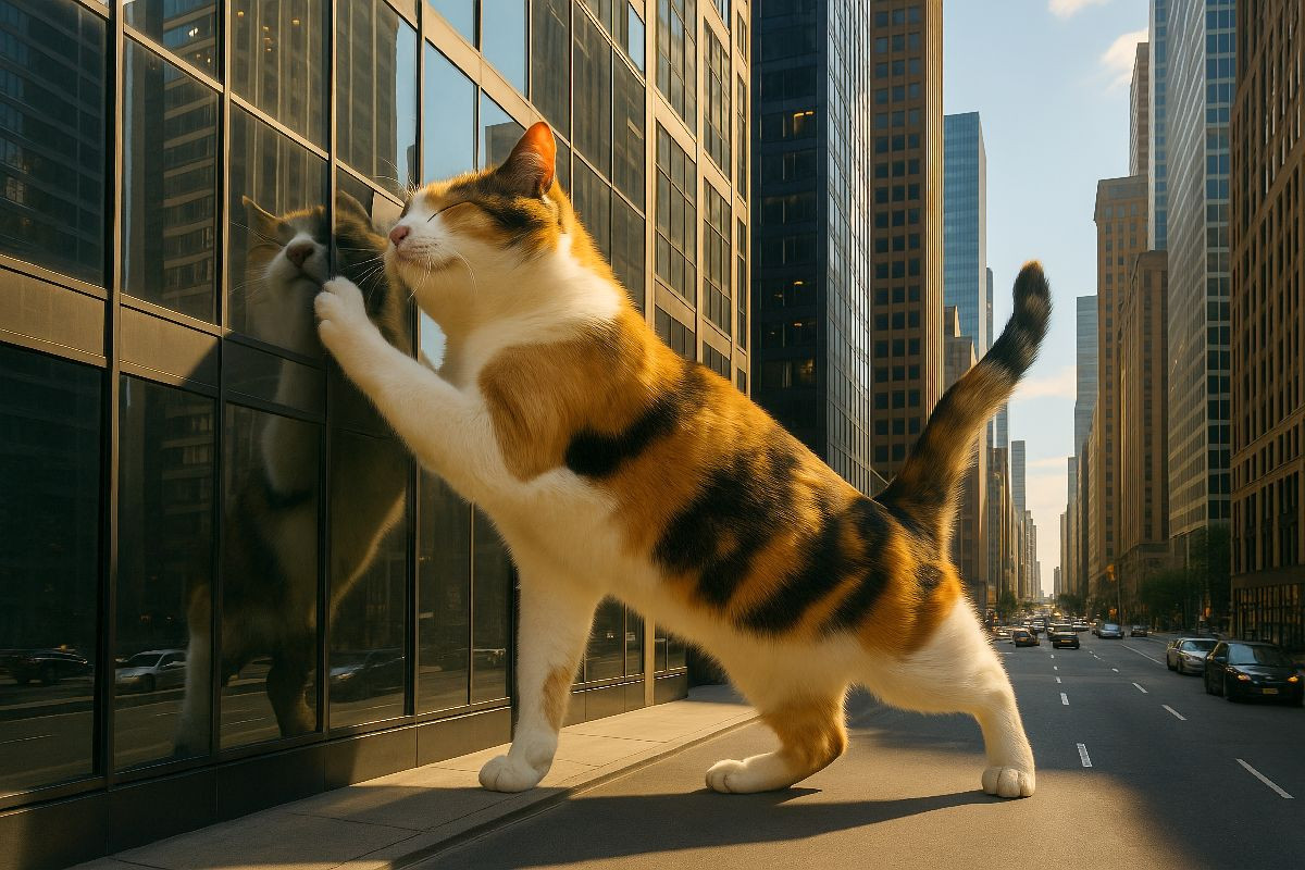 Mein liebstes Spiegelbild - riesige Katze gibt einem Wolkenkratzer Köpfchen