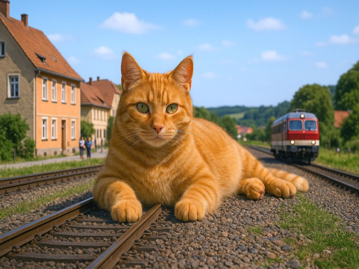 Streckensperrung - riesige Katze liegt auf den Schienen