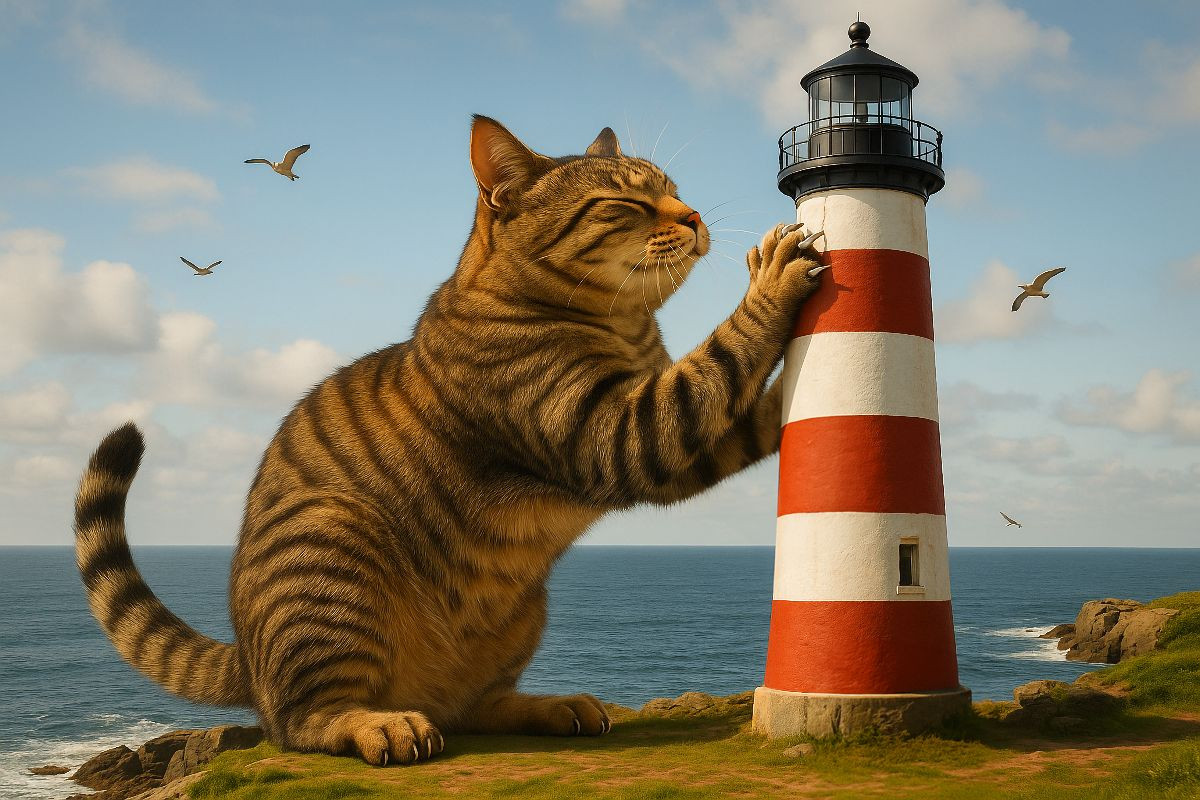 Mein liebster Kratzbaum - riesige Katze kratzt am Leuchtturm