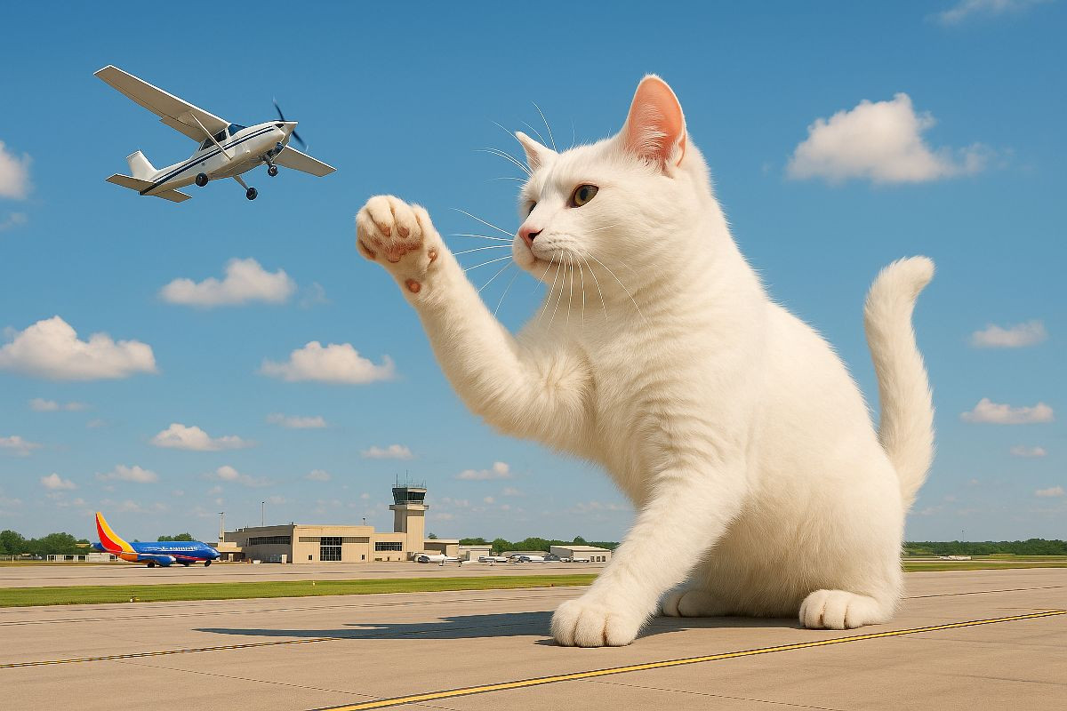 Fliegendes Spielzeug - riesige Katze fängt Flugzeug