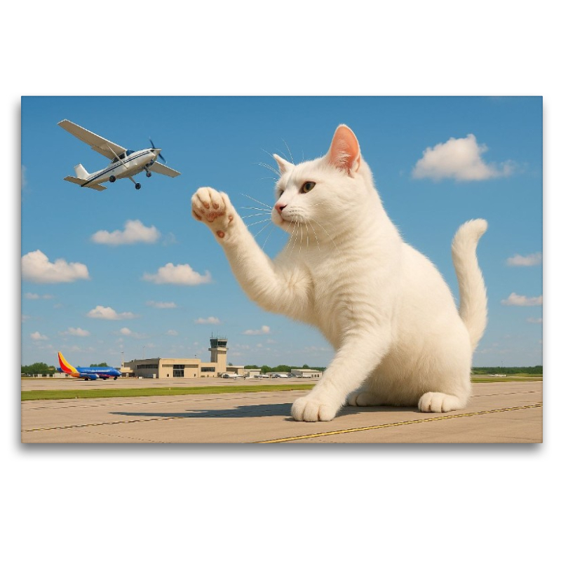 Fliegendes Spielzeug - riesige Katze fängt Flugzeug