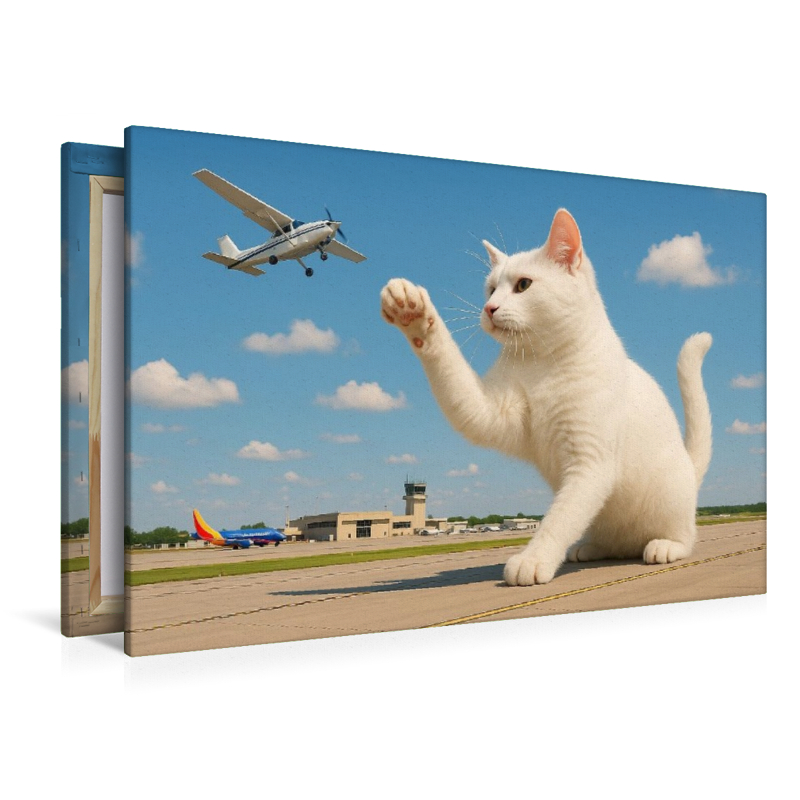 Fliegendes Spielzeug - riesige Katze fängt Flugzeug
