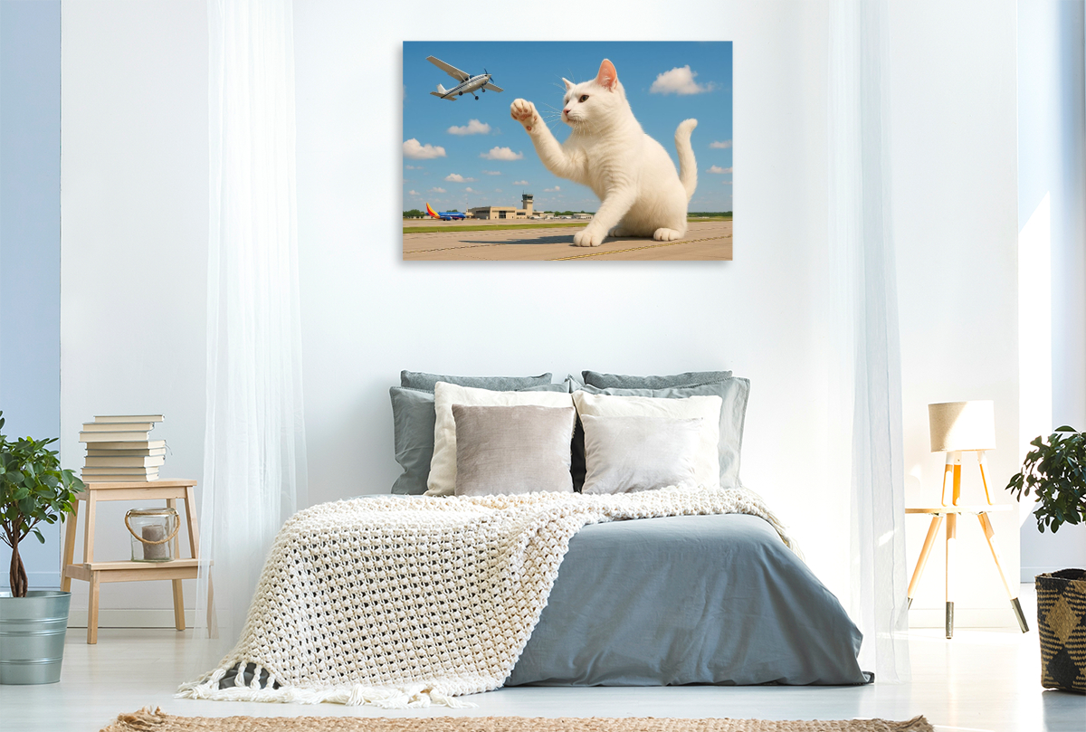 Fliegendes Spielzeug - riesige Katze fängt Flugzeug