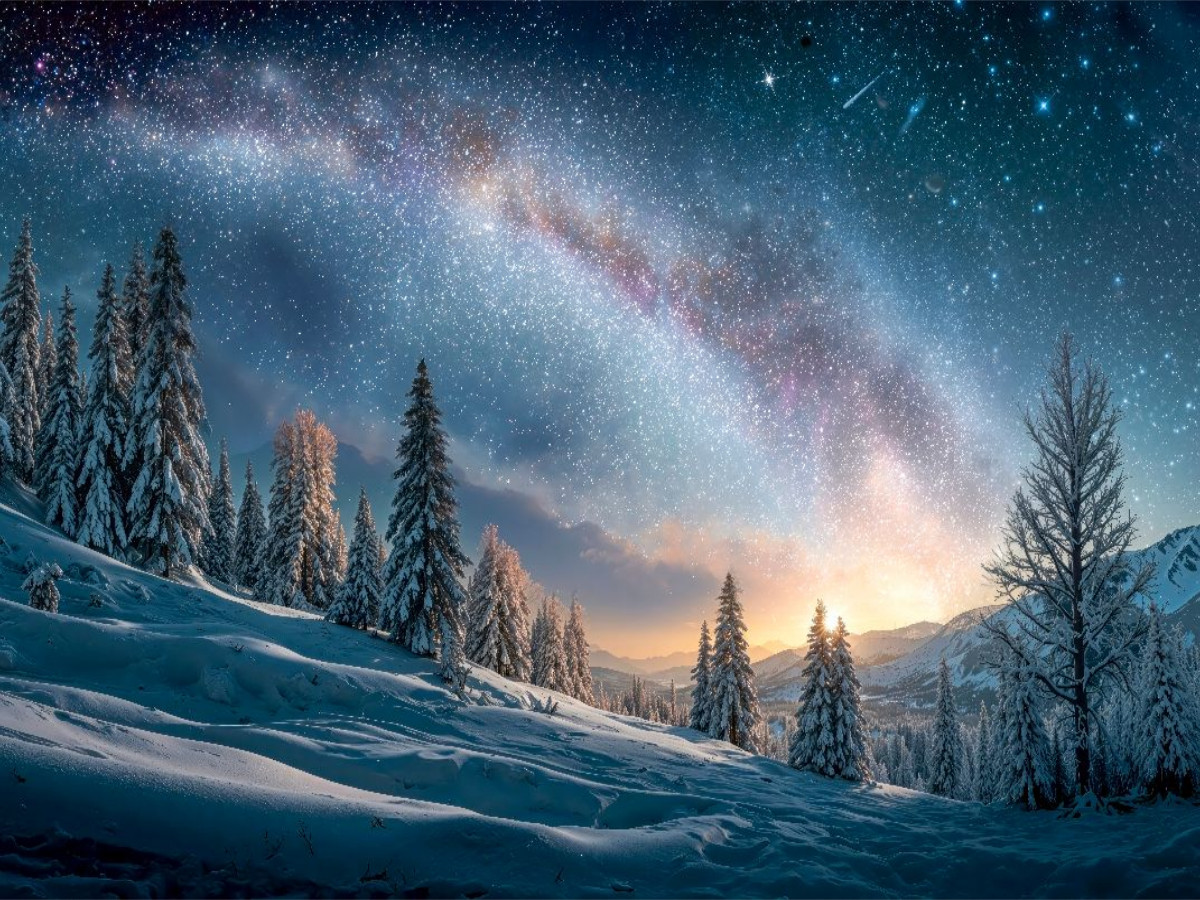 Verschneite Tannen ruhen still – der Winter atmet leise